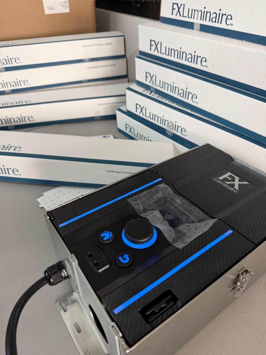 FX Luminaire Luxor transformer and fixtures ready for a landscape lighting installation in Irvington, NY